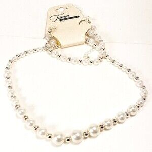 Set of 3 - Silver tone & Off-White Beaded Necklace - Bangle Bracelet & Earrings